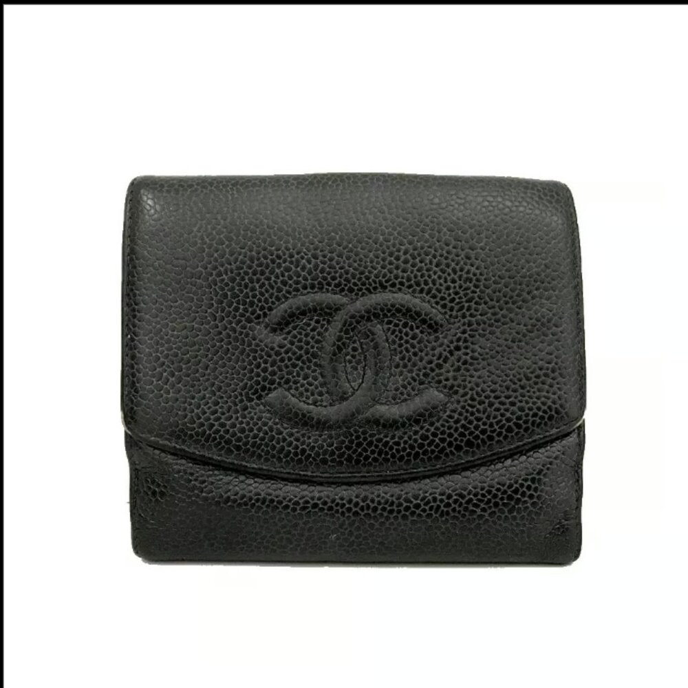 Chanel BLACK CC LOGO CALF SKIN BIFOLD WALLET